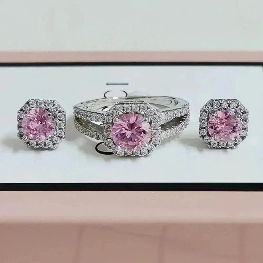 Pink Sapphire Round Brilliant Cut Halo Diamond Ring & Earring Set
